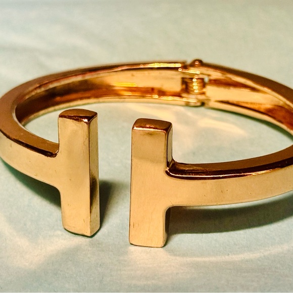 Tiffany Style/Double T Hinged Gold Bracelet - Picture 2 of 5